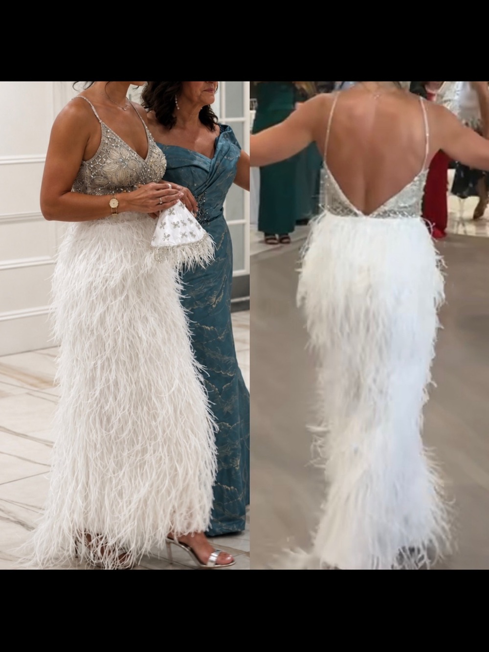 Jovani White Feather-Trim Sequin Maxi Gown